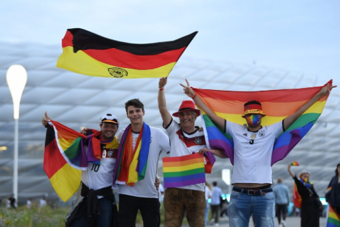 Fans at the World Cup sport rainbow pride flags, which have been the source of controversy in Qatar.
Credit: https://www.towleroad.com/2021/06/munich-stadium-german-soccer-hungary-uefa/